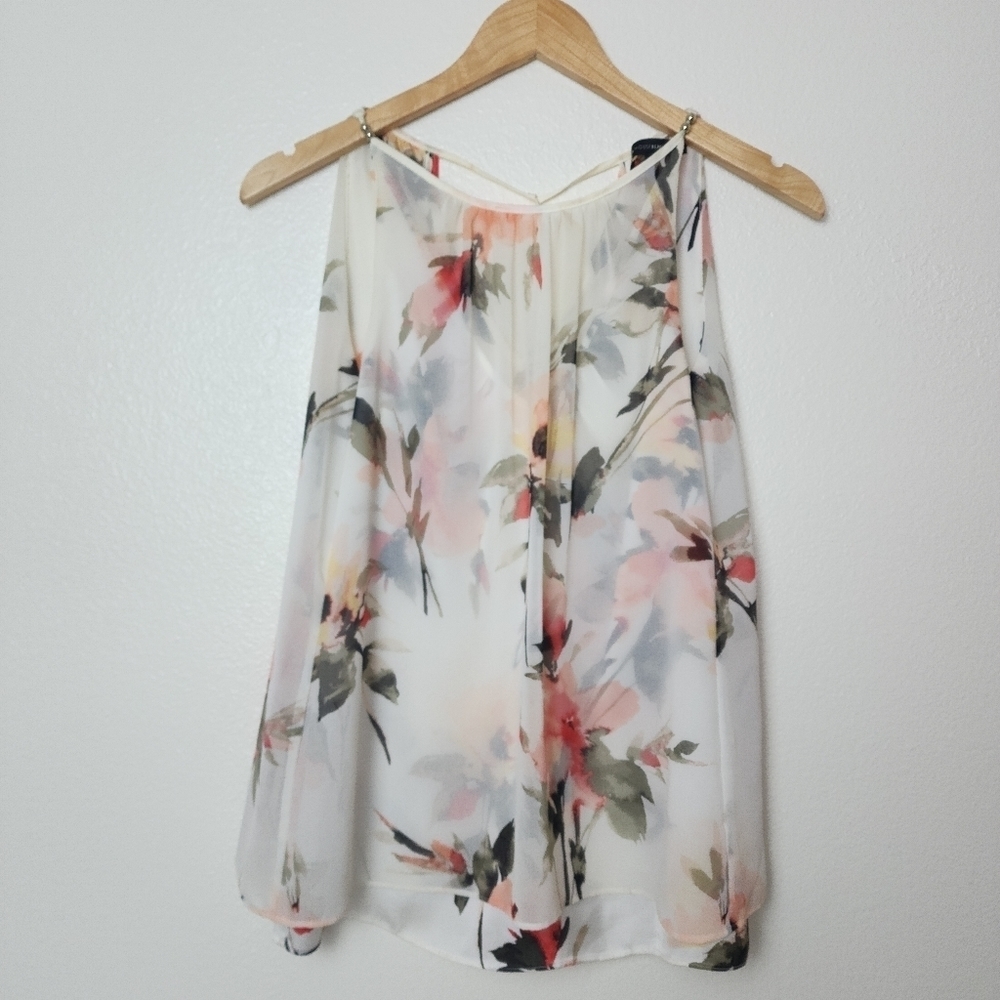 WHBM Rose & Cream Floral Print Cold Shoulder Bead Accents Lined Blouse Size XXS